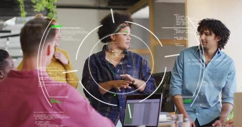 Image of data processing and scope scanning over diverse colleagues discussing Stockfoto's