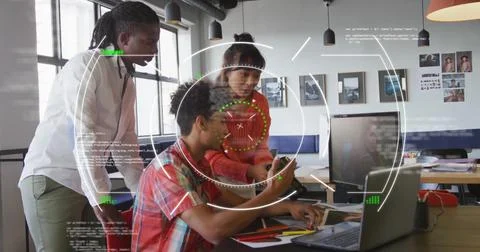 Image of data processing and scope scanning over diverse colleagues discussing Stockfoto's
