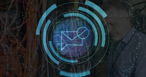 Image of data processing and scope over caucasian male it engineer by computer Stock Photos