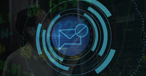 Image of data processing and scope over caucasian female it engineer by computer Stock Photos