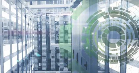 Image of data processing and scope scanning over computer servers Stock Photos