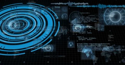 Image of data processing and scope scanning over digital screens 스톡 사진