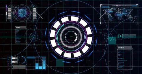 Image of data processing and scope scanning over globe and world map Stock Photos