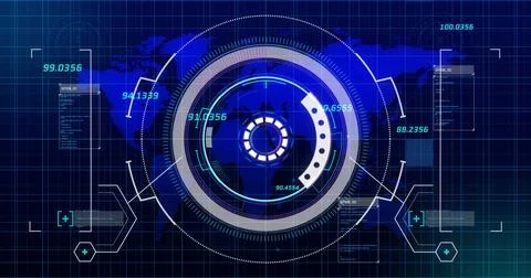 Image of data processing and scope scanning over world map Stock Photos