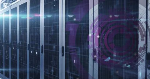Image of data processing and scope scanning over server room 스톡 사진