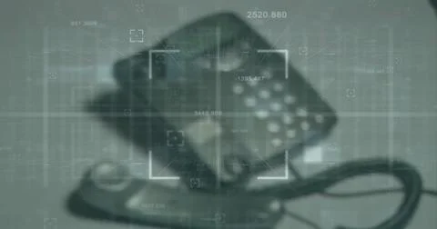 Image of data processing and scope scanning over telephone Foto stock