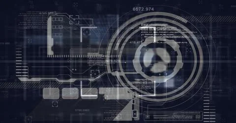 Image of data processing and scope scanning on black background 写真素材