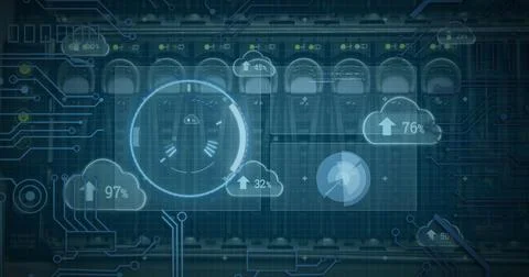 Image of data processing and scope scanning with clouds over server room Stock Photos