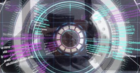 Image of data processing and scope scanning over caucasian man with vr headset Foto stock