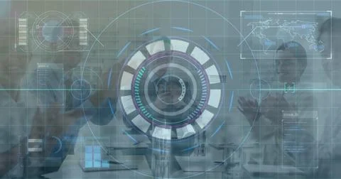 Image of data processing and scope scanning over diverse business people Foto stock