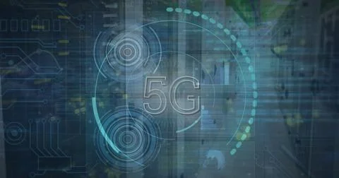 Image of data processing and scope scanning with 5g text over server room Stock Photos