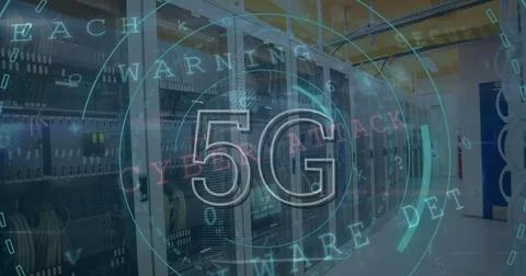 Image of data processing and scope scanning with 5g text over server room Stock Photos