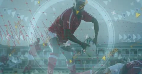 Image of data processing and scope scanning over diverse rugby players at Foto stock