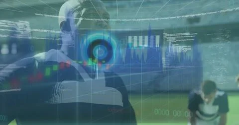 Image of data processing and scope scanning over diverse rugby players at Stock Photos
