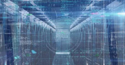 Image of data processing and scope scanning over binary coding against computer Stock Photos
