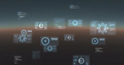 Image of data processing and scopes scanning on screens over gradient background イラスト素材