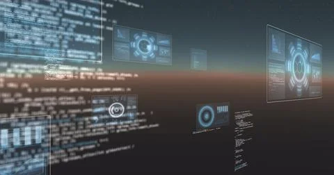 Image of data processing and scopes scanning on screens over gradient background Stock Illustration