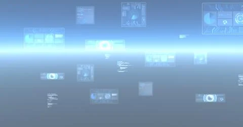 Image of data processing and scopes scanning on screens over glowing blue Stock Illustration