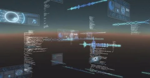 Image of data processing and scopes scanning on screen over glowing horizon Stockillustratie