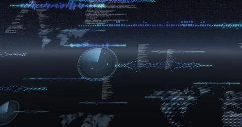 Image of data processing and scopes scanning on screen over glowing horizon イラスト素材