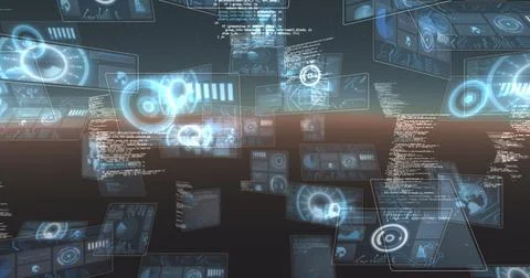 Image of data processing and scopes scanning on screen over glowing horizon 스톡 일러스트