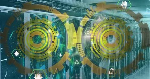 Image of data processing and scopes over computer servers Foto stock