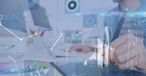 Image of data processing and scopes scanning on screen over man using graphic Stock Photos