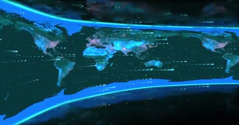 Image of data processing and screen with world map on black background Illustrazione stock