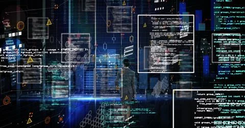 Image of data processing and screens on black background 스톡 일러스트