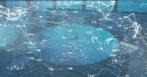 Image of data processing and screens over office interior Foto stock