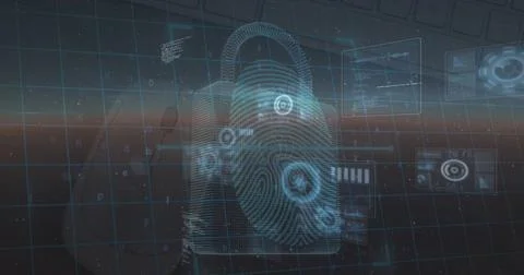 Image of data processing and security padlock over blue background Illustrazione stock