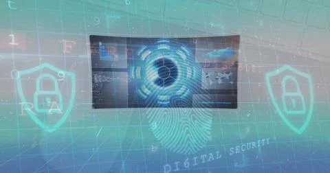 Image of data processing and security fingerprint over blue background Illustrazione stock