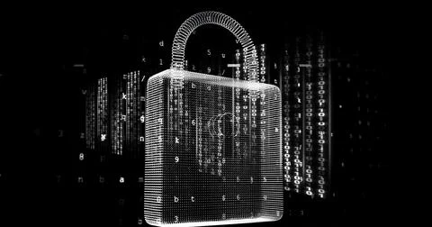 Image of data processing and security padlock over dark background Stock Photos