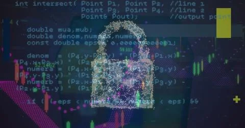 Image of data processing and security padlock over dark background Stock Photos