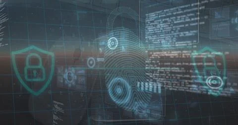 Image of data processing and security padlock over blue background 스톡 사진