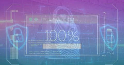 Image of data processing and security padlock over blue background Stock Photos