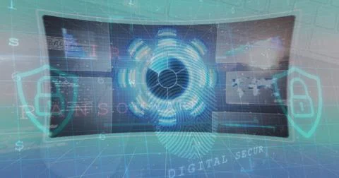 Image of data processing and security fingerprint over blue background Stock Photos