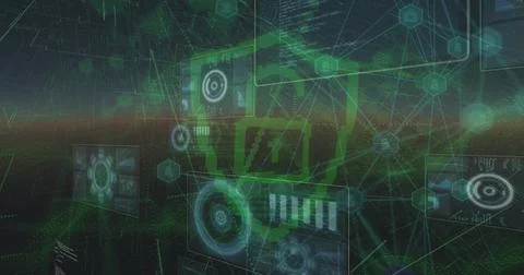 Image of data processing and security padlock over dark background Stock Photos