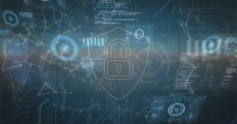 Image of data processing and security padlock over blue background Stock Photos