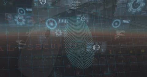 Image of data processing and security fingerprint over blue background Stock Photos