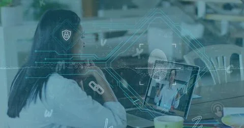 Image of data processing and security padlock over woman using laptop Stock Photos