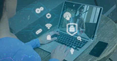 Image of data processing and security padlock over woman using laptop 스톡 사진