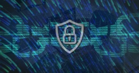 Image of data processing and security padlock over woman using laptop Stock Photos