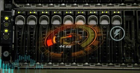 Image of data processing and server room over speedometer Illustrazione stock