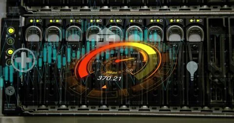 Image of data processing and server room over speedometer Illustrazione stock