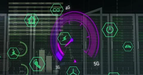 Image of data processing and server room over speedometer Stock Illustration