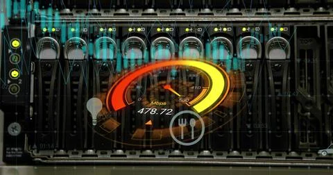 Image of data processing and server room over speedometer 스톡 일러스트