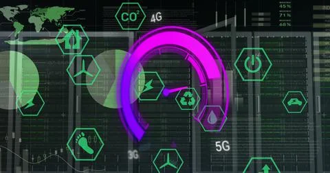 Image of data processing and server room over speedometer 스톡 일러스트