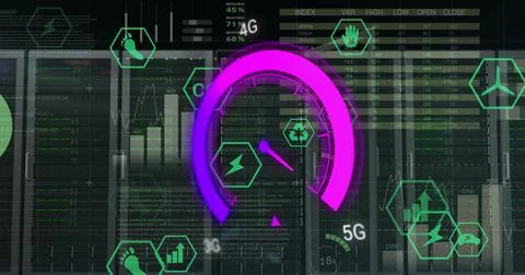 Image of data processing and server room over speedometer 스톡 일러스트