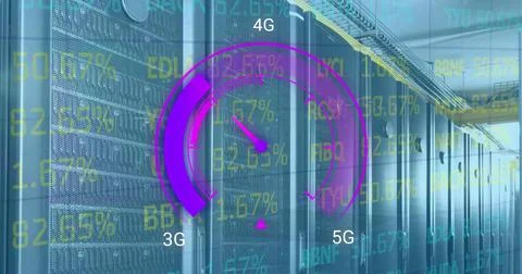 Image of data processing and server room over speedometer 스톡 일러스트